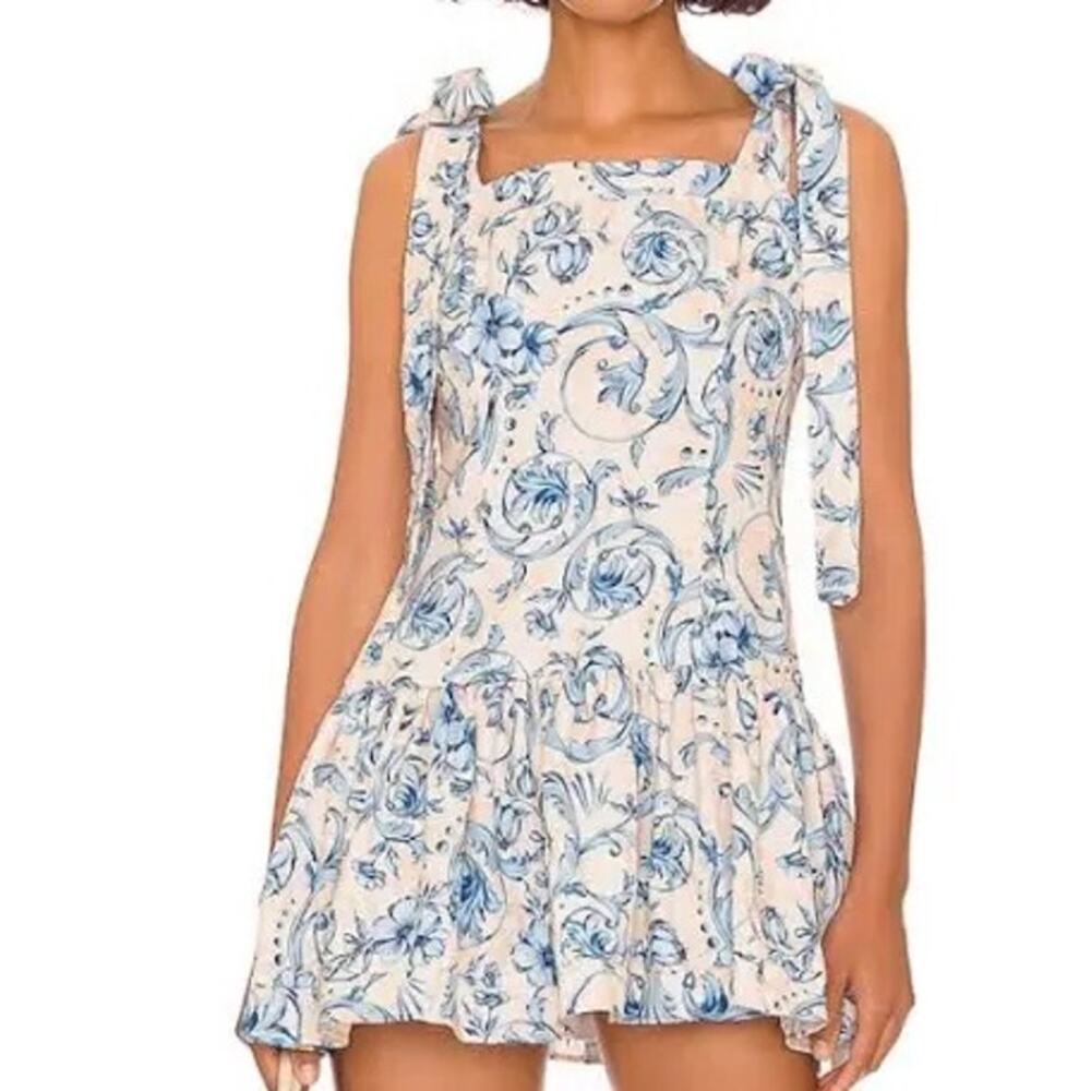 Agua Bendita x Revolve Joaquina Mini Dress | Blue Baroque Floral Tie Straps | M